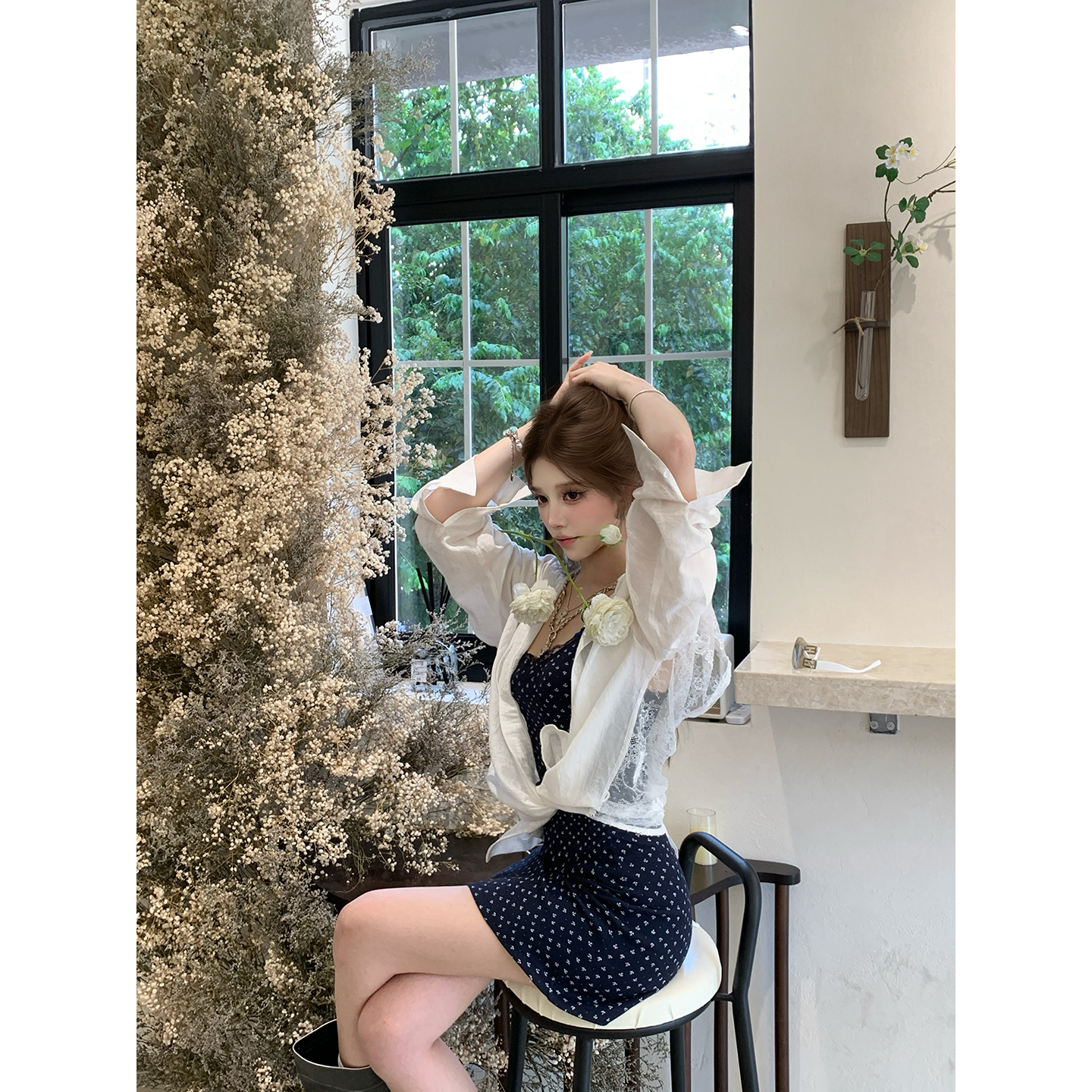 CAFE ROSE 立体蕾丝拼接衬衫女秋冬新款宽松百搭衬衣长袖防晒衫潮