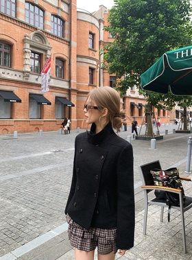 CAFE ROSE 短款毛呢外套女冬装新款全羊毛长袖立领双排扣呢子大衣