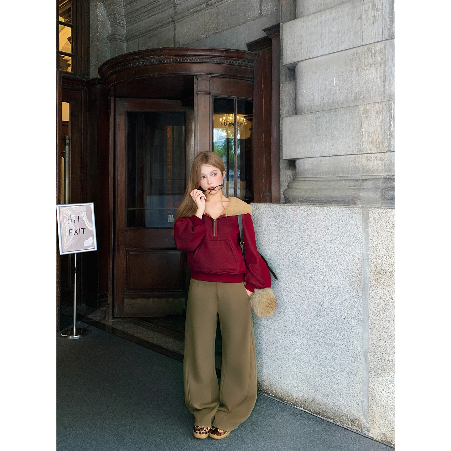 CAFE ROSE 复古休闲卫裤女冬装新款宽松显瘦阔腿裤低腰百搭长裤子