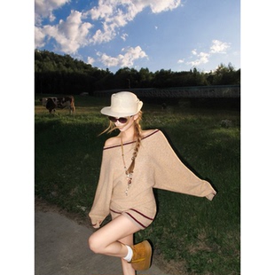 CAFE ROSE 时尚套装女秋冬新款针织衫一字肩套头毛衣短裤两件套潮