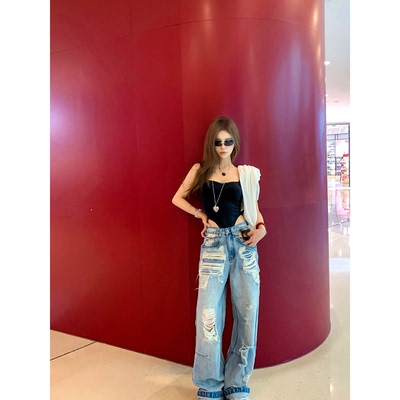 CAFE ROSE 水洗破洞牛仔裤女夏季新款宽松直筒阔腿裤做旧百搭长裤