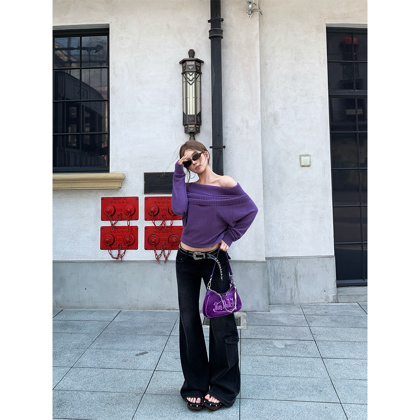 CAFE ROSE 水洗黑微喇牛仔裤女冬装新款低腰修身显瘦裤子百搭长裤