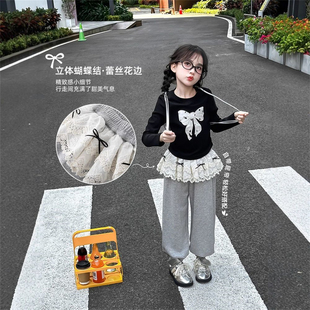 儿童洋气蝴蝶结上衣蕾丝拼接屁帘卫裤 两件套 2026春秋新款 女童套装