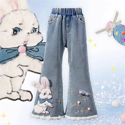 牛仔裤卡通兔子加绒加厚