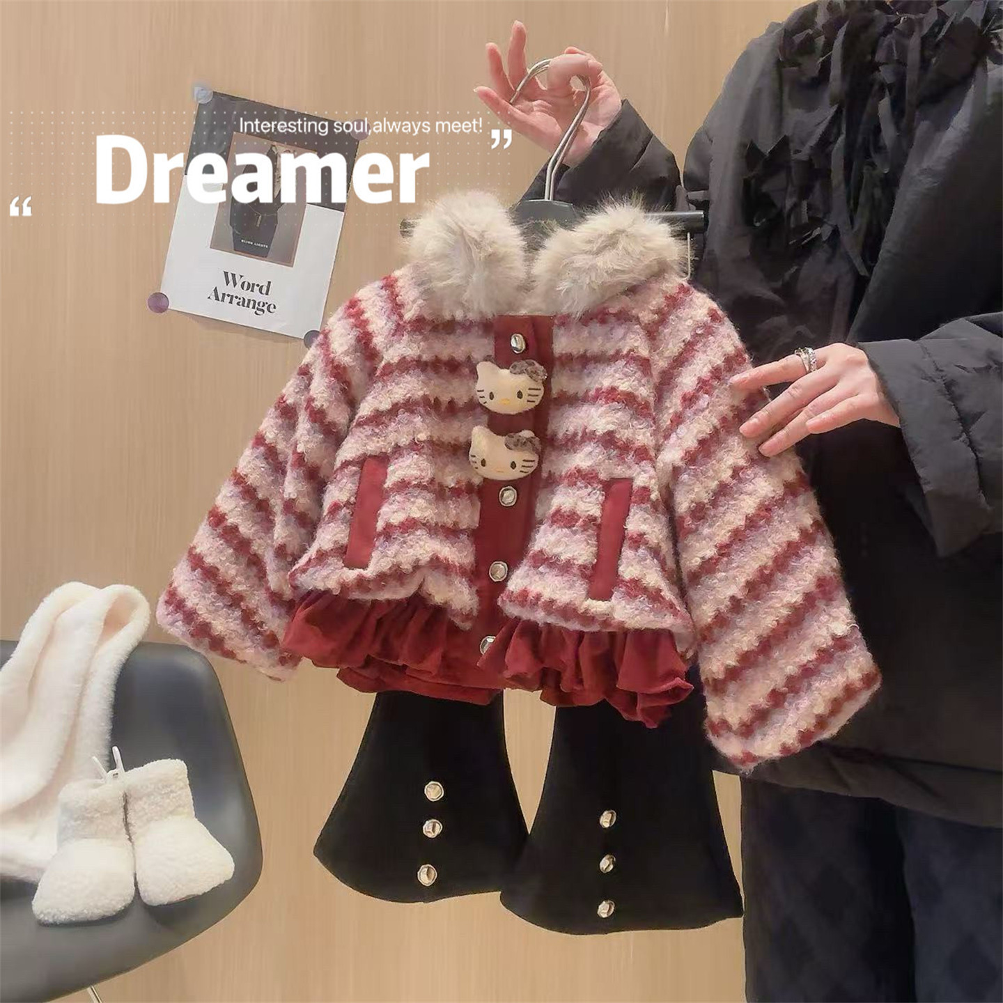 女童加绒套装2026冬季新款儿童毛领条纹卡通猫咪外套微喇裤两件套,童装/婴儿装/亲子装,套装,淘宝优惠券,粉丝福利购,淘宝优惠卷