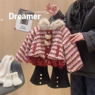 女童加绒套装2026冬季新款儿童毛领条纹卡通猫咪外套微喇裤两件套