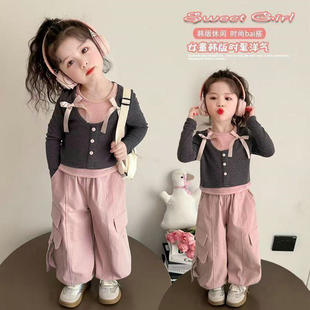 裤 女童洋气套装 两件套 T恤工装 儿童假两件蝴蝶结长袖 2025秋季 新款