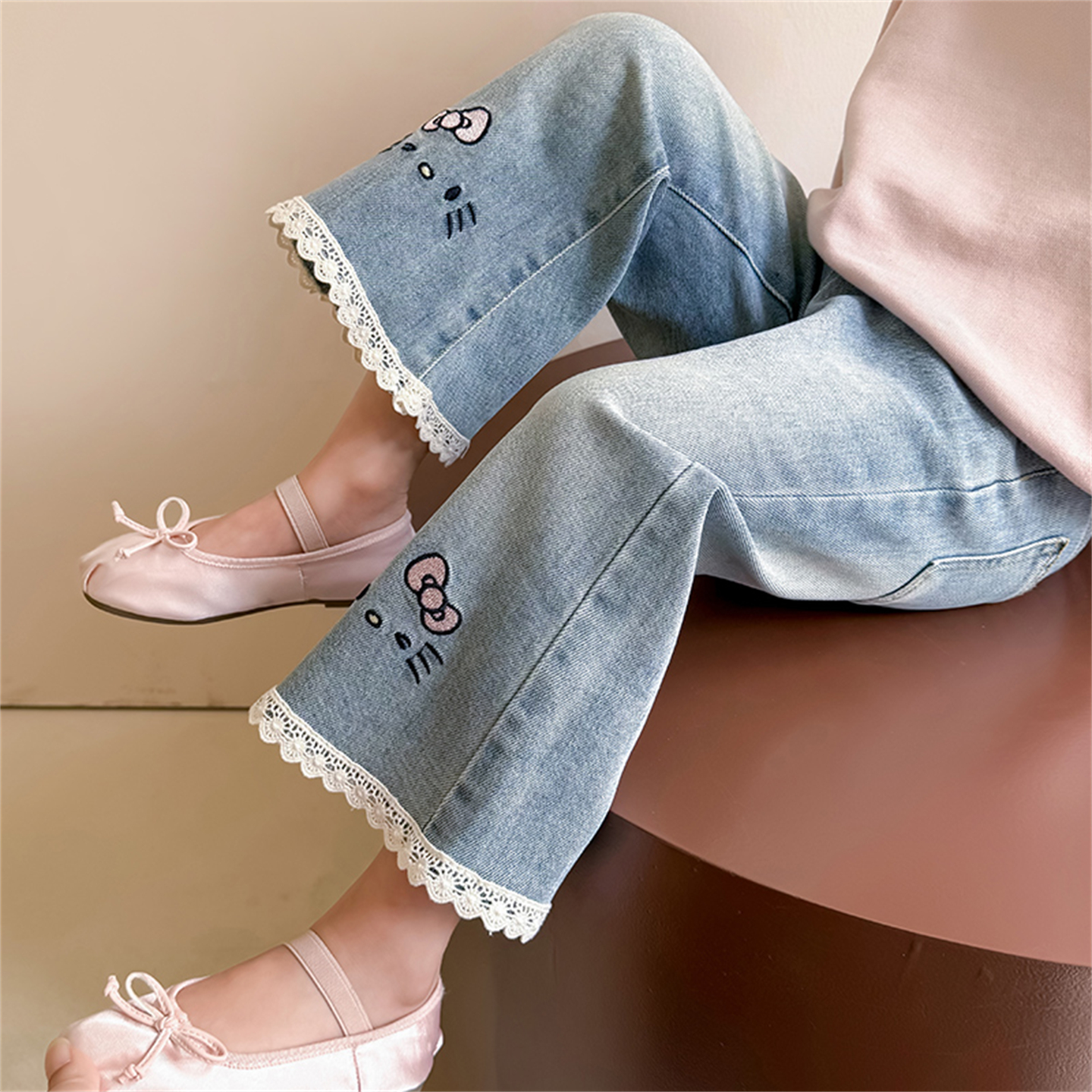 牛仔裤棉质卡通猫咪牛仔裤