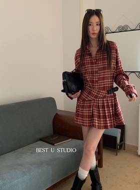 TCCW复古格纹拼接长袖连衣裙女秋季新款Best U百搭设计感衬衫裙子