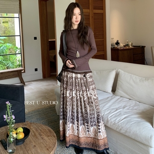U复古气质印花长裙显瘦裙子 Best TCCW波嬉风拼接半身裙女秋季 新款