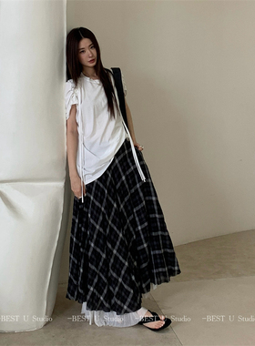 Best U格子半身裙女夏季新款宽松复古英伦风高腰a字长裙大摆裙子