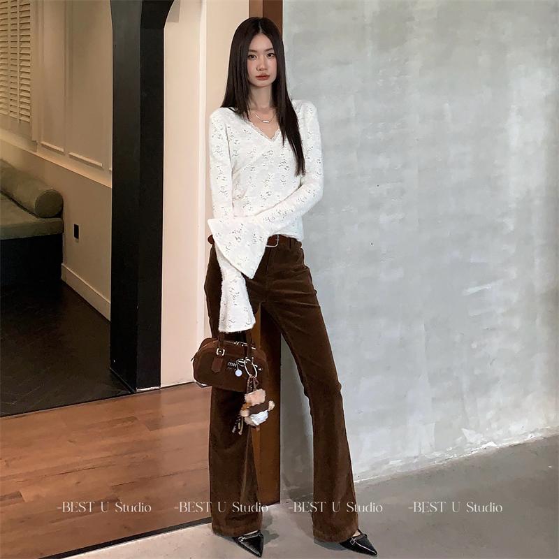 BestU高腰复古灯芯绒微喇裤