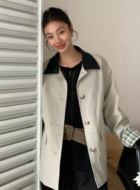 TCCW设计感拼接皮领风衣女