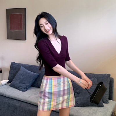 TCCW葡萄紫T恤女夏季芭蕾风修身