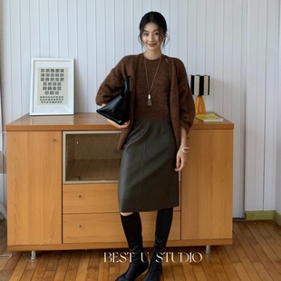 TCCW复古PU皮裙半身裙女秋冬新款 U气质百搭高腰中裙显瘦裙子 Best