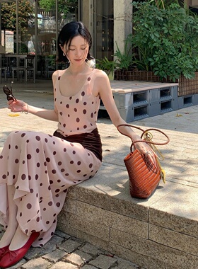 TCCW法式波点吊带连衣裙女春夏新款度假风长裙显瘦可前后两穿裙子