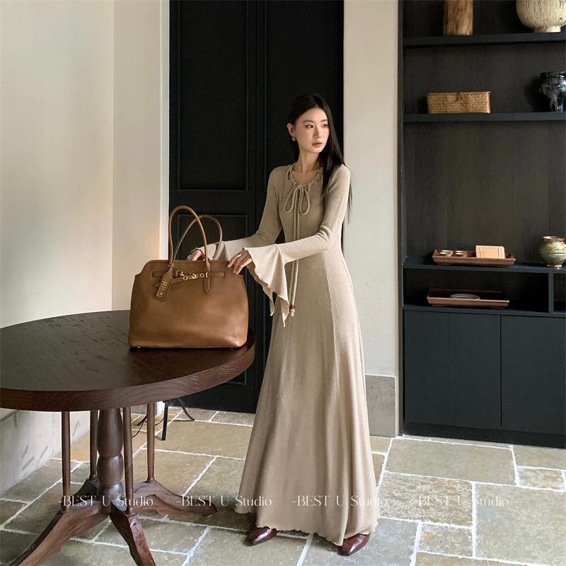 BestU气质法式纯色长袖连衣裙