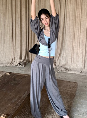 TCCW个性长裤女慵懒风休闲高腰束脚裤夏季新款灰色百搭松紧腰裤子