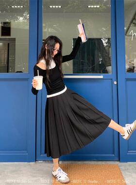 TCCW简约纯色百褶半身裙女春季新款BestU高腰显瘦A字裙百搭中长裙