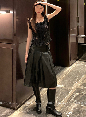 Best U黑色PU皮裙中裙女高级感压褶纯色半身裙大摆伞裙子夏季新款