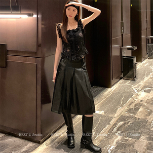 Best U黑色PU皮裙中裙女高级感压褶纯色半身裙大摆伞裙子夏季新款