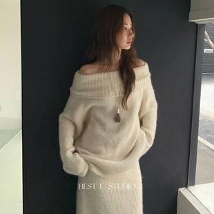 TCCW一字肩高领针织毛衣女Best U 2025冬季新款纯色宽松百搭上衣