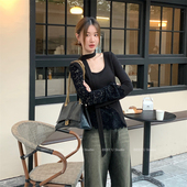 Best 黑色内搭上衣潮 设计感时尚 U小众拼接蕾丝长袖 T恤女秋冬新款