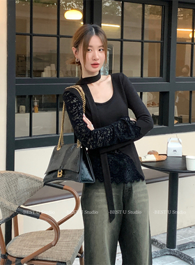 Best U小众拼接蕾丝长袖T恤女秋冬新款设计感时尚黑色内搭上衣潮
