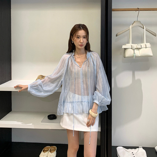 TCCW设计感V领长袖衬衫女夏季新款Best U小众设计感宽松套头上衣