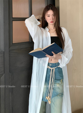 Best U设计感中长款防晒衬衫女夏季新款宽松百搭罩衫上衣长袖衬衣