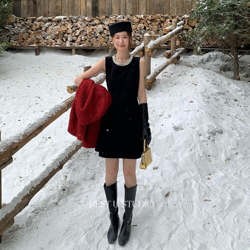 TCCW千金风黑色无袖连衣裙女