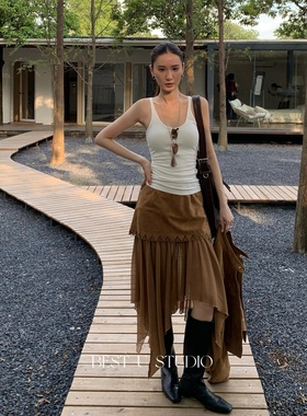 TCCW麂皮绒烧花拼接雪纺半身裙女秋季新款Best U小众不规则长裙子