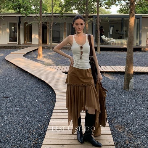 BestU麂皮绒烧花拼接雪纺半身裙