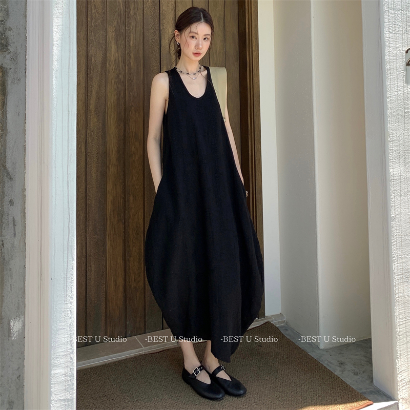 BestU宽松口袋棉麻背心连衣裙