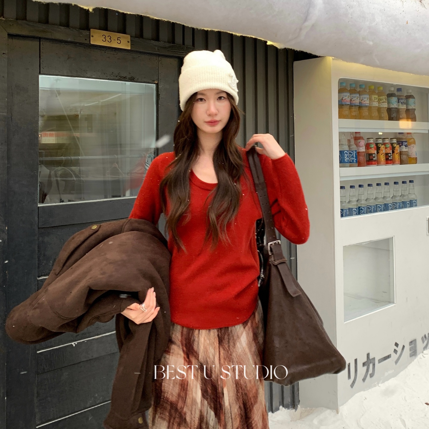 TCCW韩系红色U领长袖针织衫