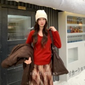 U内搭加厚打底衫 TCCW韩系红色U领长袖 上衣 新款 Best 针织衫 女冬季