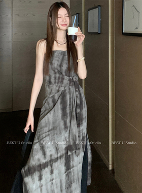 Best U新中式晕染小众吊带连衣裙女夏季新款复古设计感开叉裙子