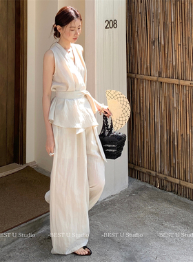 Best U气质简约纯色宽松阔腿裤女夏季新款西装裤显瘦薄款直筒长裤