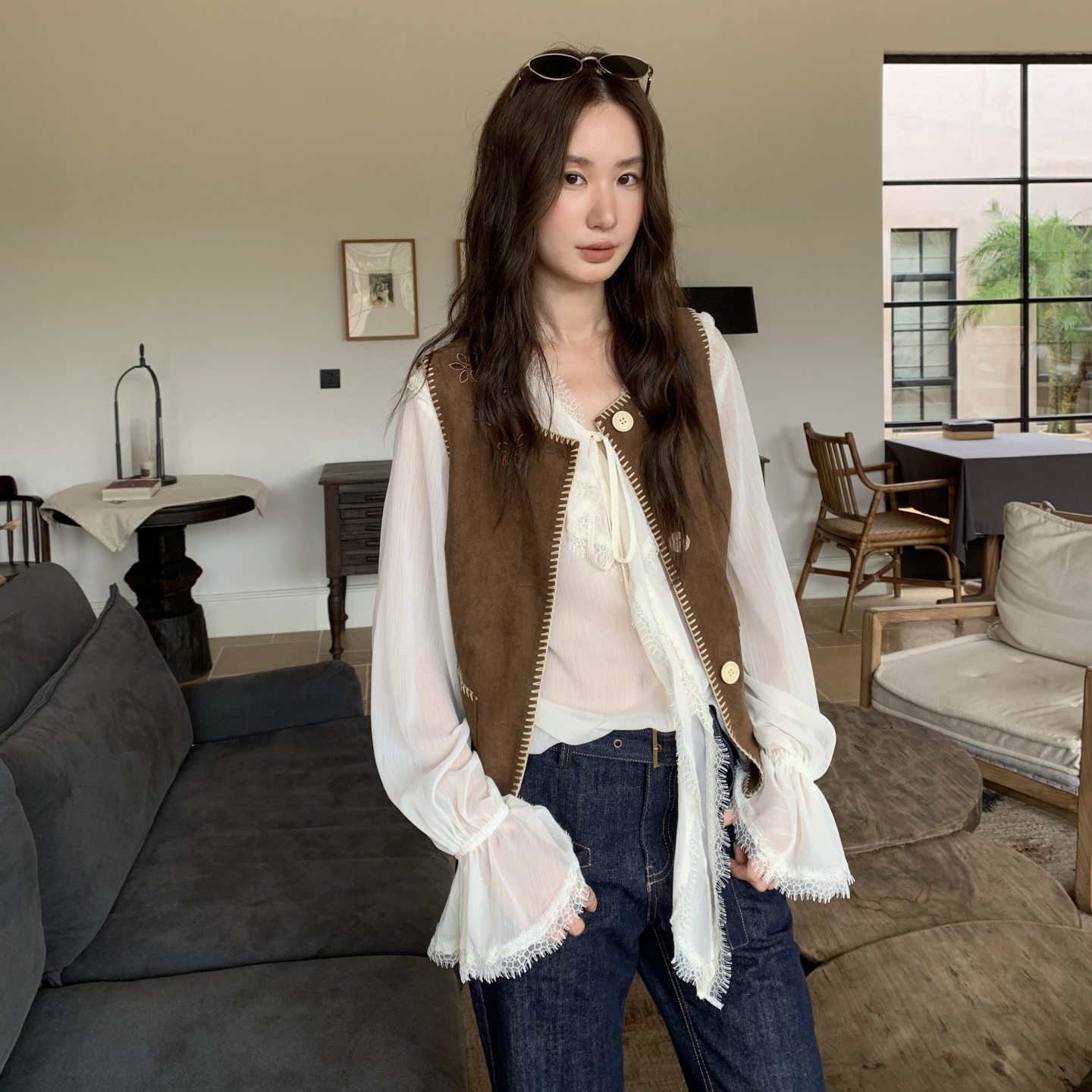 BestU设计感撞色烧花马甲女秋季