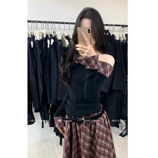 小众修身 T恤女秋冬新款 显瘦上衣 U设计感假两件拼接格纹长袖 Best