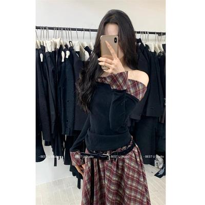 BestU设计感一字肩格纹T恤