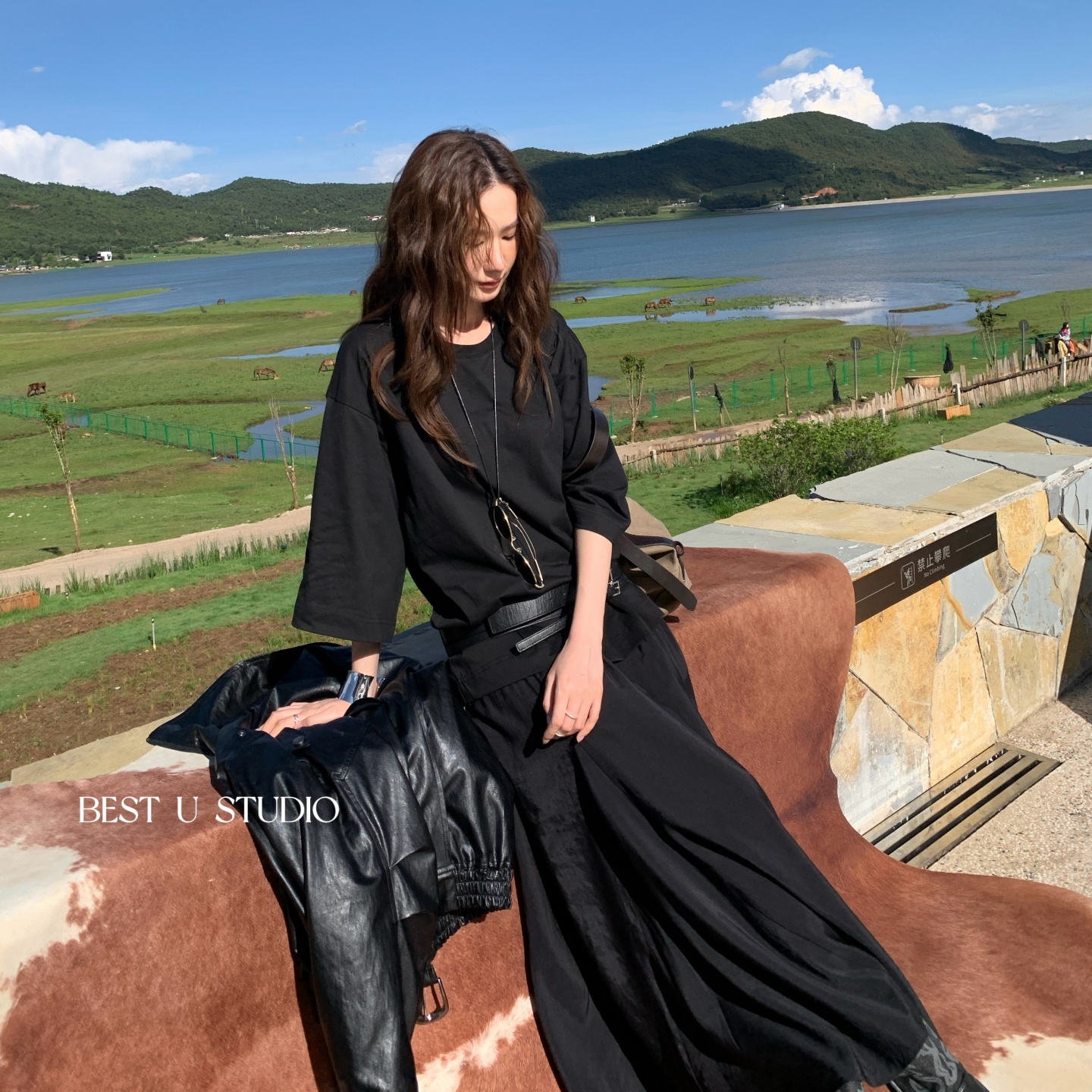 BestU简约纯色拼接连衣裙女