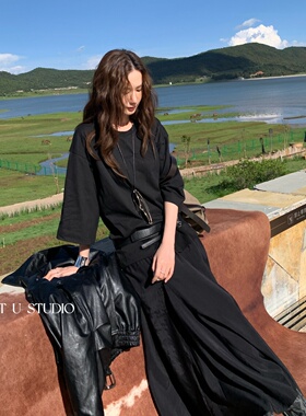 TCCW简约纯色拼接连衣裙女秋季新款Best U显瘦宽松短袖长裙百搭