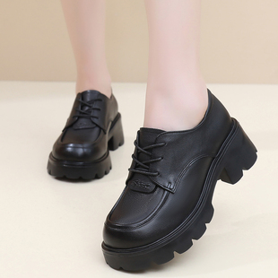 2025秋季新款乐福鞋女真皮软底不累脚厚底系带中跟妈妈皮鞋大码鞋