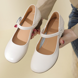 真皮浅口单鞋女2024春夏这款小皮鞋软底软面中跟妈妈鞋粗跟女鞋43