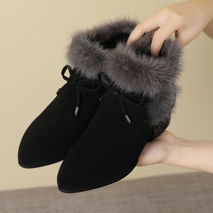 真皮水貂毛磨砂小短靴女2025冬季加绒保暖粗跟棉靴中跟马丁靴女靴