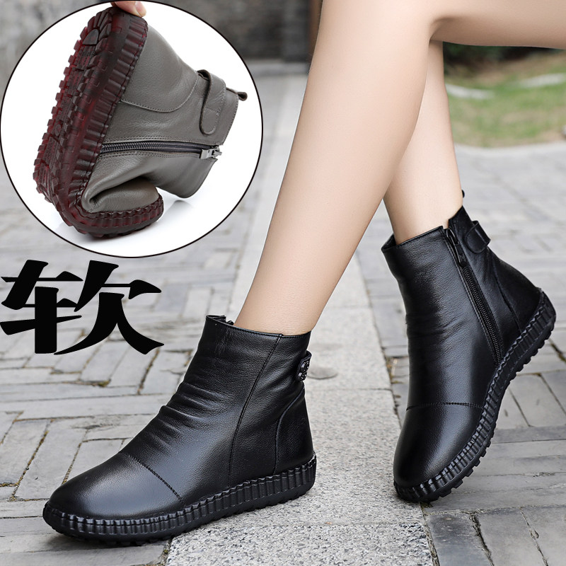 2025真皮妈妈小短靴女马丁靴平跟保暖棉靴平底牛筋底防滑休闲单靴