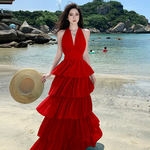 性感海边度假风深挂脖连衣裙露背绑带蛋糕超仙长裙红色蓝色雪纺