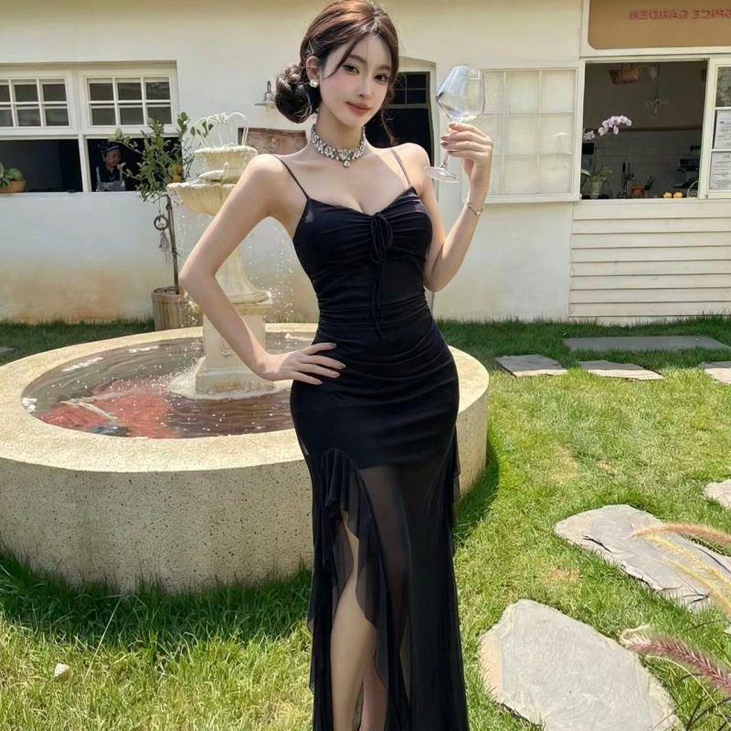 0239性感衣服低胸深v领网纱吊带连衣裙女新款修身开叉荷叶边长裙