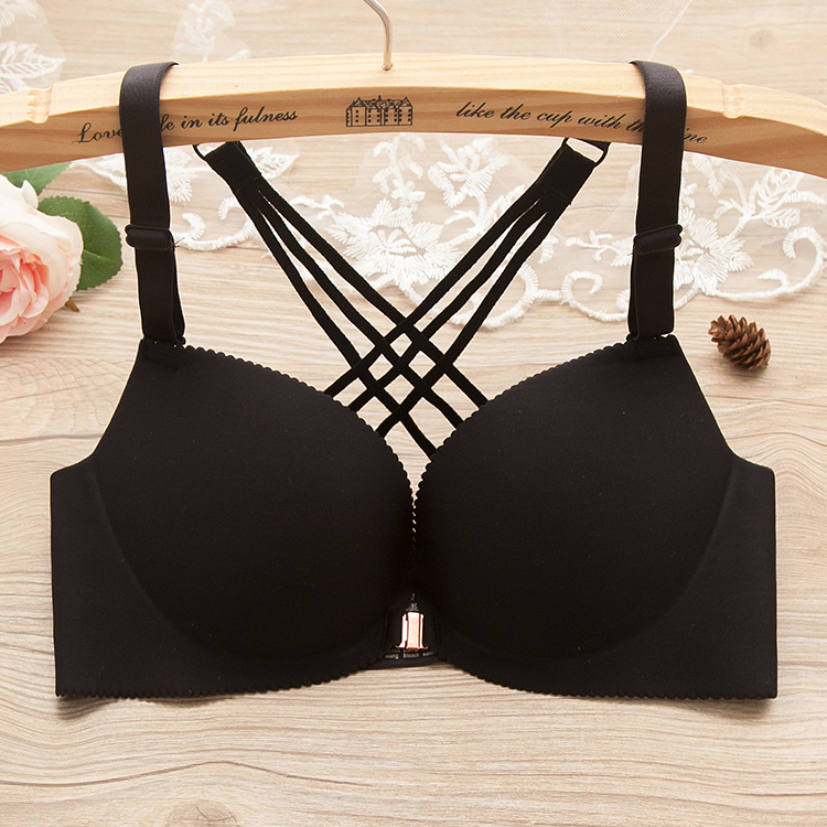 前扣式少女无钢圈聚拢加厚性感无痕内衣交叉带美背文胸套装小胸罩
